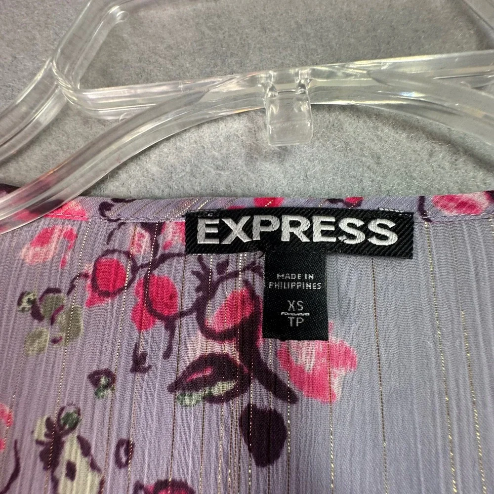 Express Boho Floral Metallic Wrap Blouse Smocked‎ Waist Lavender Romantic XS